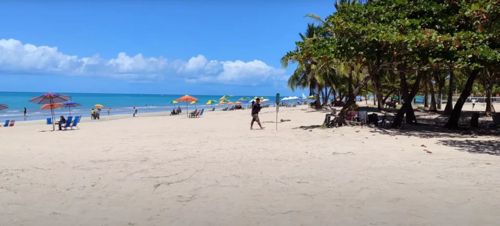 Vista da Praia de Pajuçara em Maceió, com jangadas para piscinas naturais.