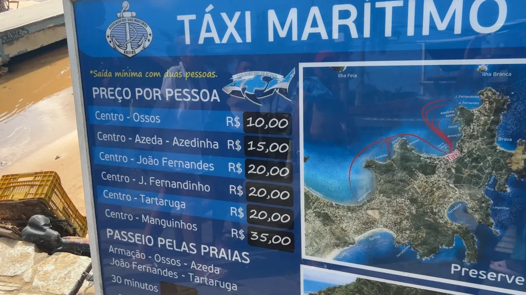 Tablea com preços do táxi marítimo, usado para visitar as praias de Búzios.