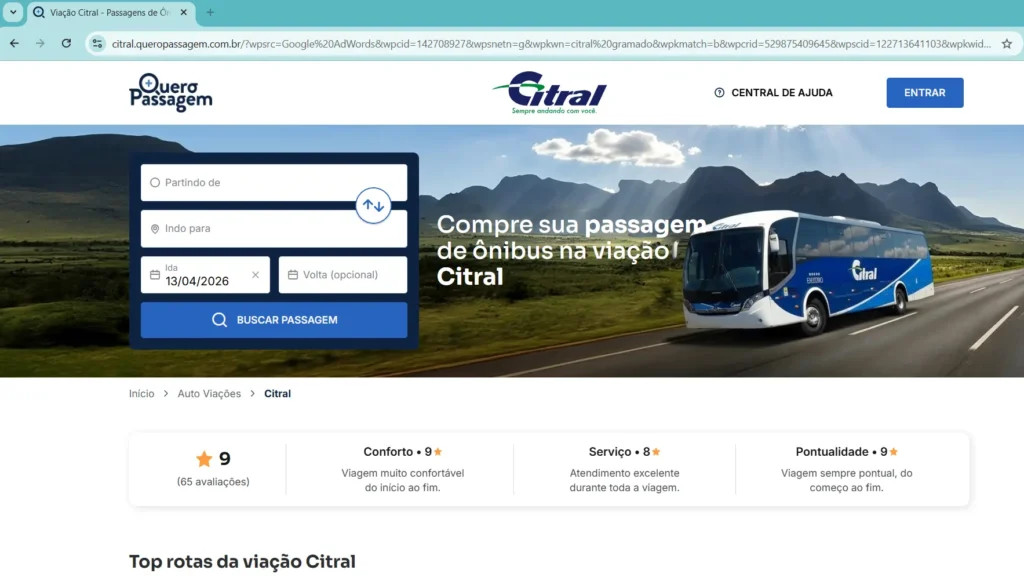 Página de compra de passagens da Citral