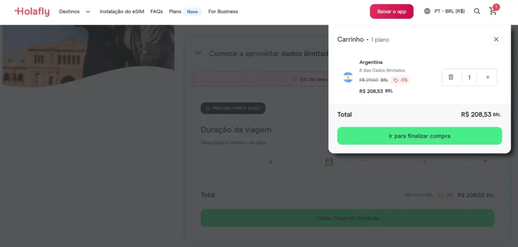 Tela de checkout da Holafly para viagem à Argentina.