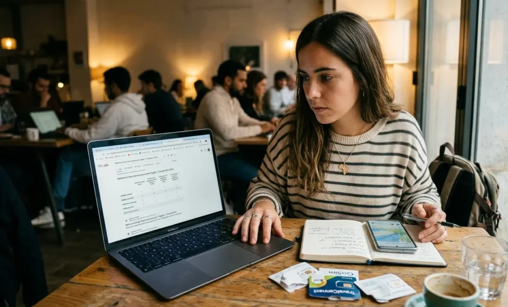 Pessoa pesquisando qual chip internacional escolher