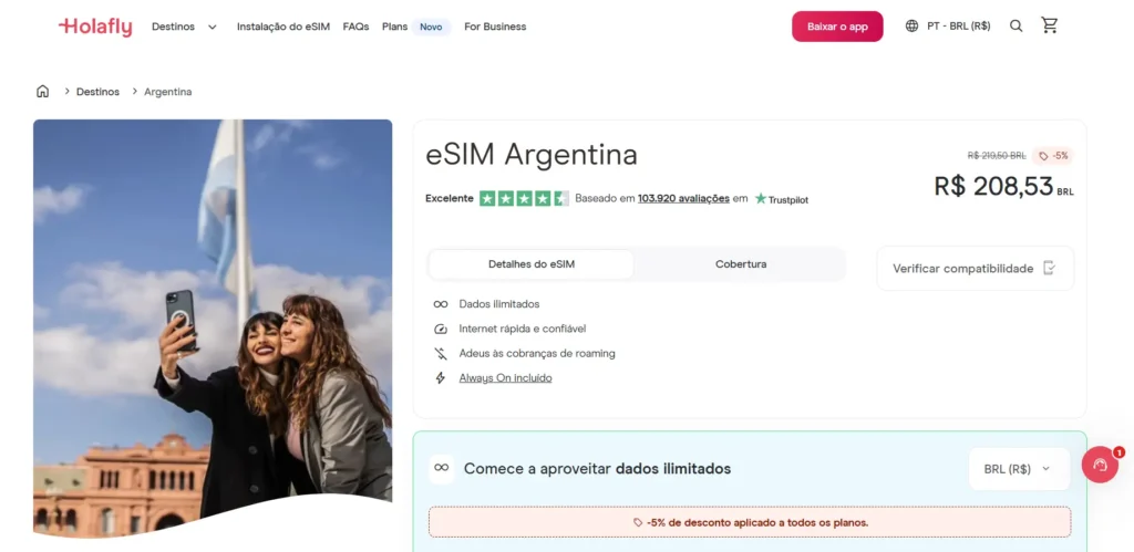 Preço do eSIM da Holafly para Argentina.