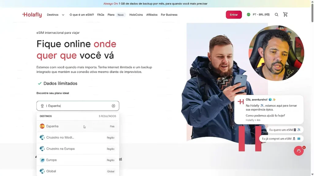Página inicial da Holafly selecionando destino