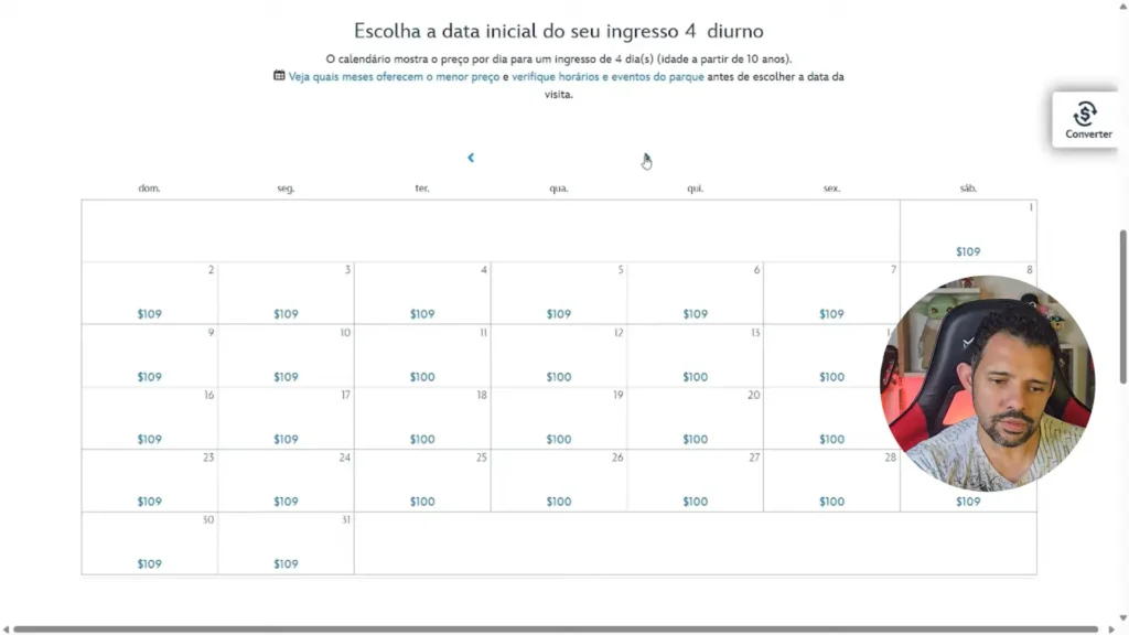 Calendário de utilização dos ingressos Disney.
