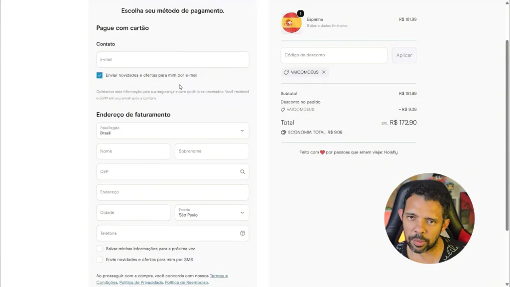 Tela de checkout da Holafly para viagem à Espanha.