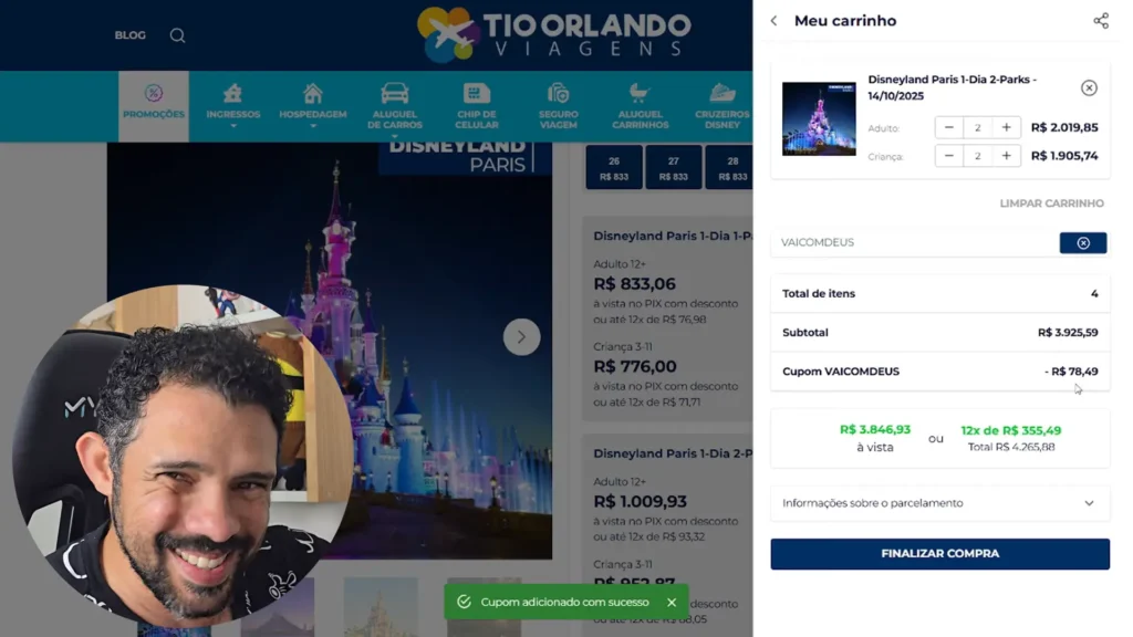 Cupom VAICOMDEUS aplicado na compra dos ingressos da Disney de Paris.