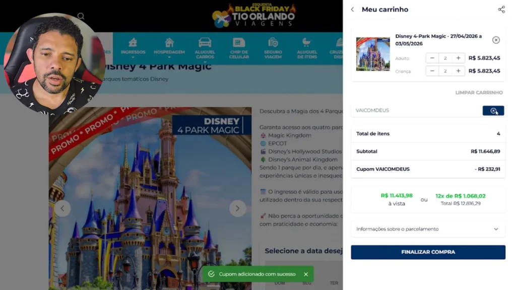 Cupom VAICOMDEUS aplicado na compra de ingressos.