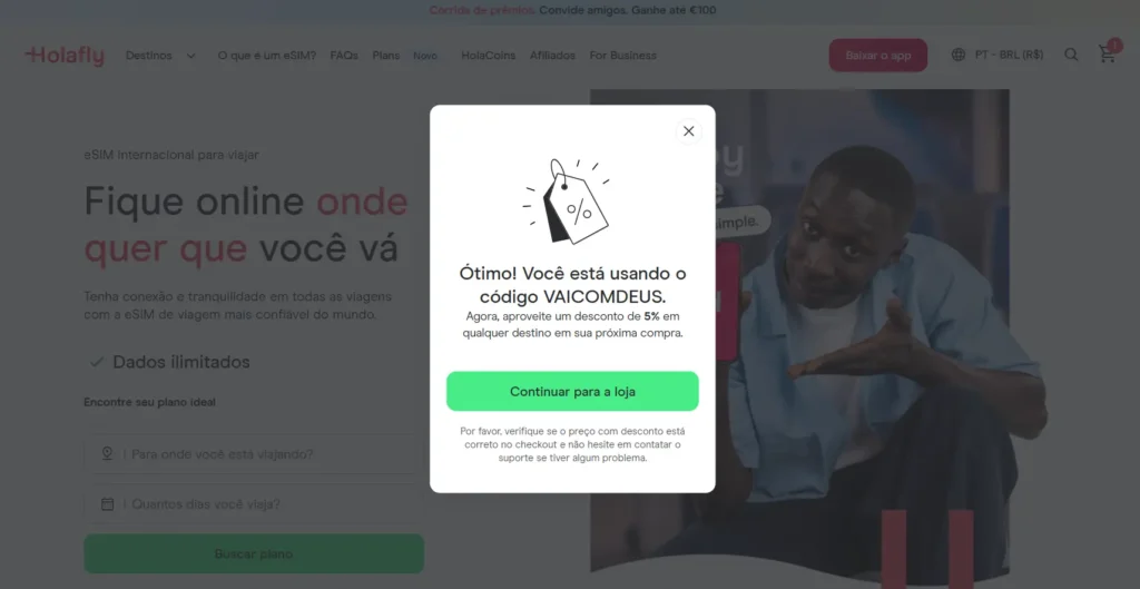 Aplicando o cupom VAICOMDEUS na Holafly.