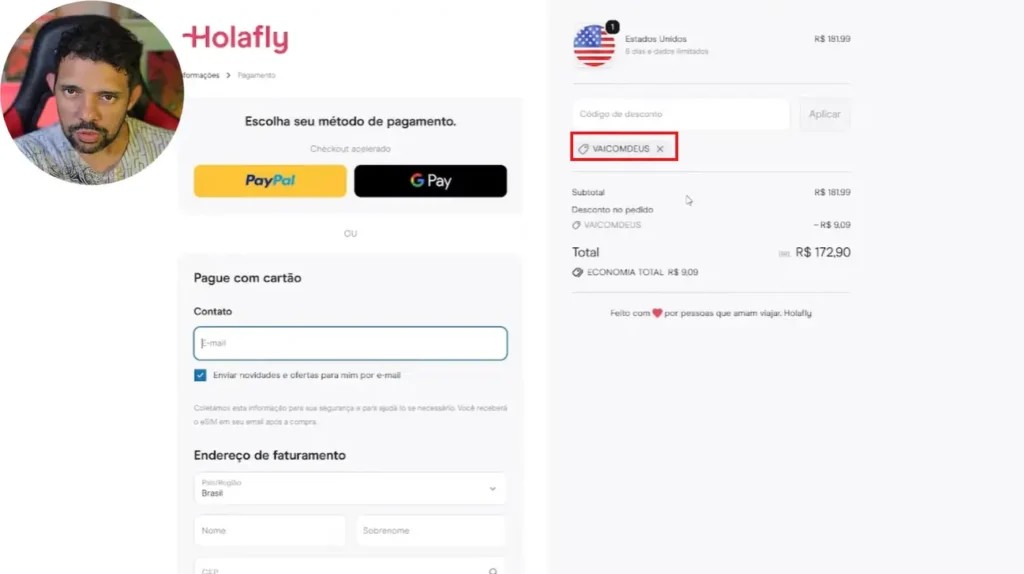 Aplicando cupom VAICOMDEUS na Holafly