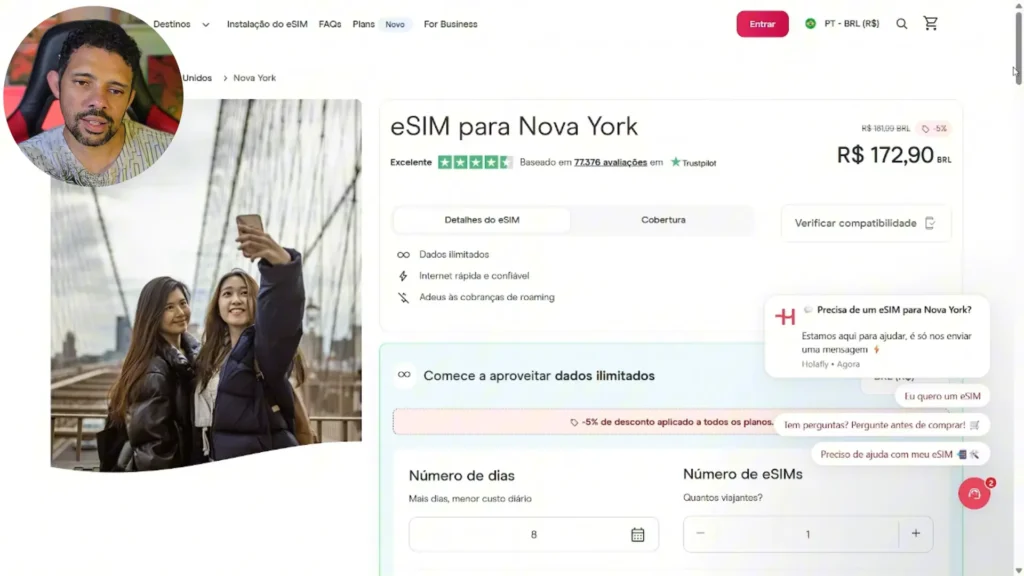Preço do eSIM para Nova York