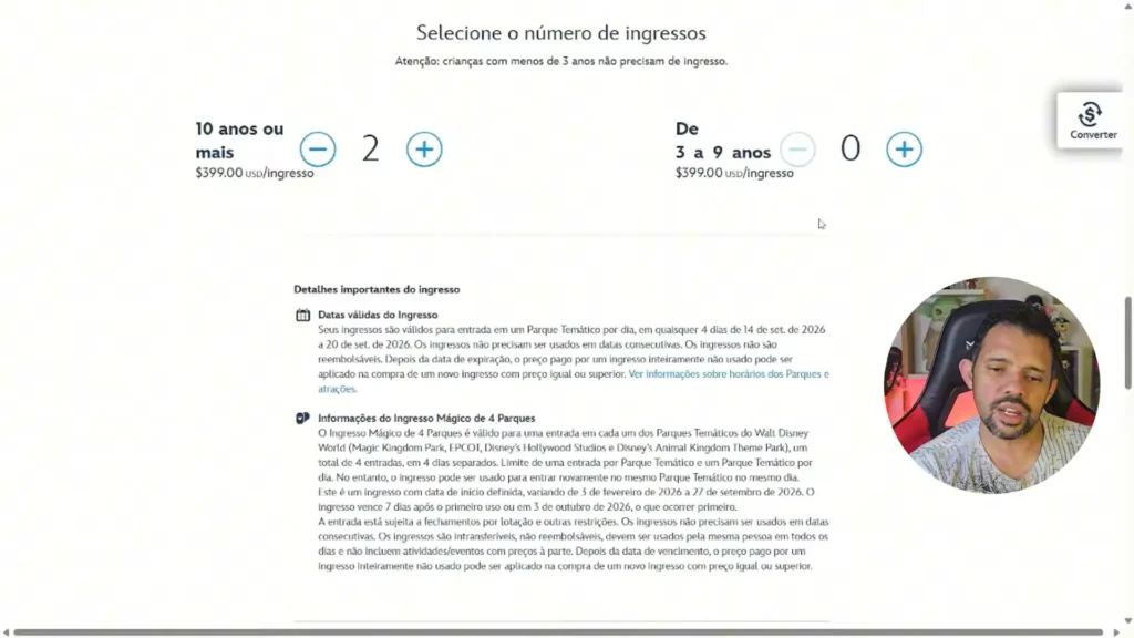 Seleção da quantidade de ingressos Disney.