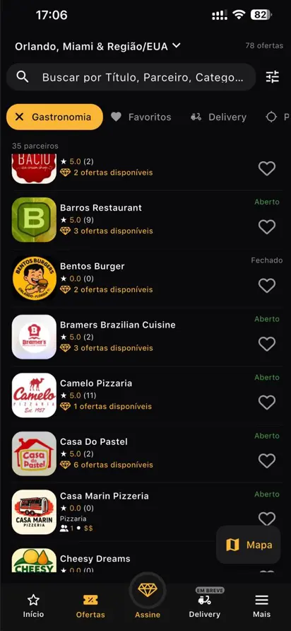 Lista de restaurantes no Prime Gourmet Orlando.