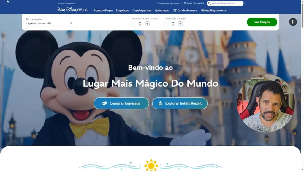 Página inicial do site oficial da Disney para compra de ingressos.