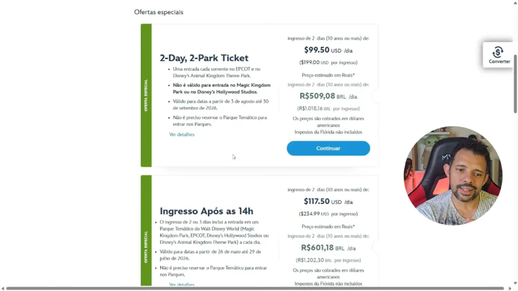 Tipos de ingressos disponíveis no site da Disney.