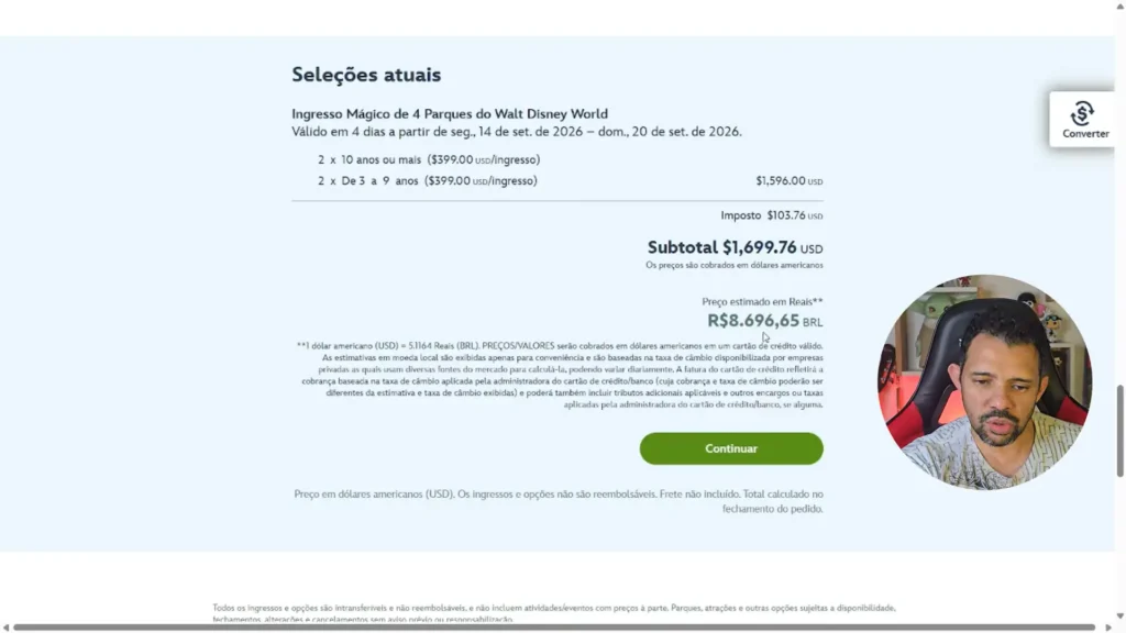 Preço estimado dos ingressos Disney em reais.